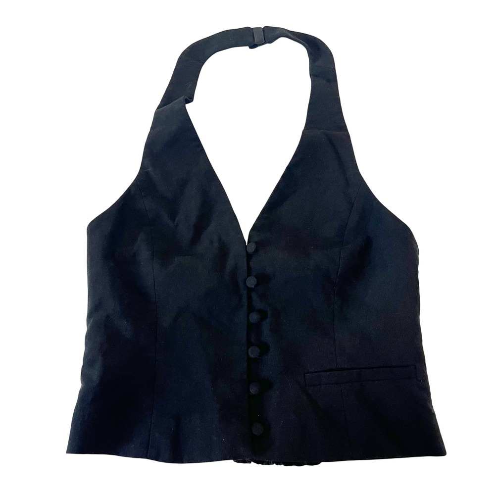 Zara Black Halter Neck Waistcoat Vest Smocked Button Front Chic Minimalist SMALL